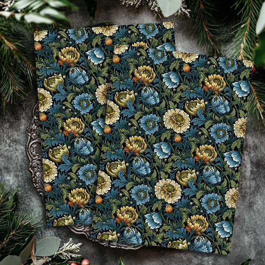 Art nouveau Morris stoffige blauwe ivoren bloemen Tissuepapier