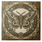 Art Nouveau Moth Green Gold Floral Ceramic Tile Tegeltje (Voorkant)