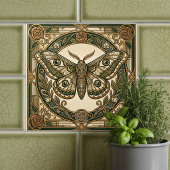 Art Nouveau Moth Green Gold Floral Ceramic Tile Tegeltje
