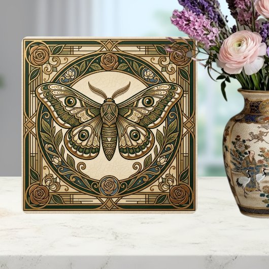 Art Nouveau Moth Green Gold Floral Ceramic Tile Tegeltje