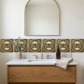 Art Nouveau Moth Green Gold Floral Ceramic Tile Tegeltje