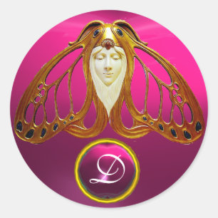 ART NOUVEAU MOTH WOMAN PINK FUCHSIA GEM MONOGRAM RONDE STICKER
