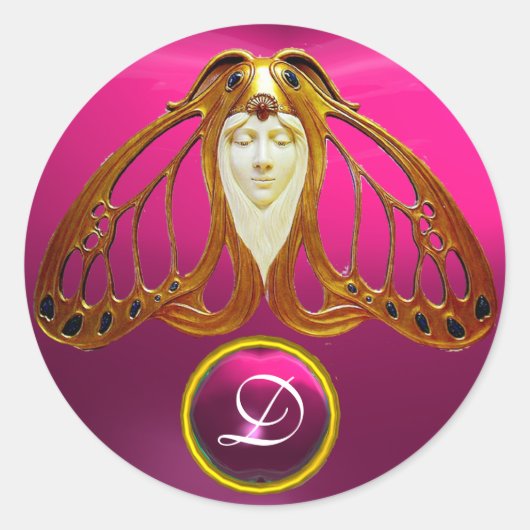 ART NOUVEAU MOTH WOMAN PINK FUCHSIA GEM MONOGRAM RONDE STICKER (Voorkant)