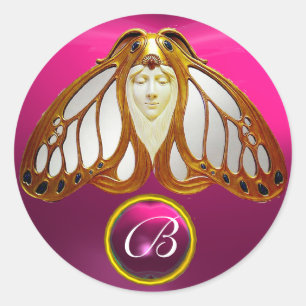 ART NOUVEAU MOTH WOMAN PINK FUCHSIA GEM MONOGRAM RONDE STICKER