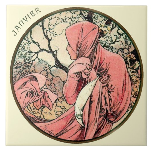 Art Nouveau Mucha Agenda januari Tegeltje (Voorkant)