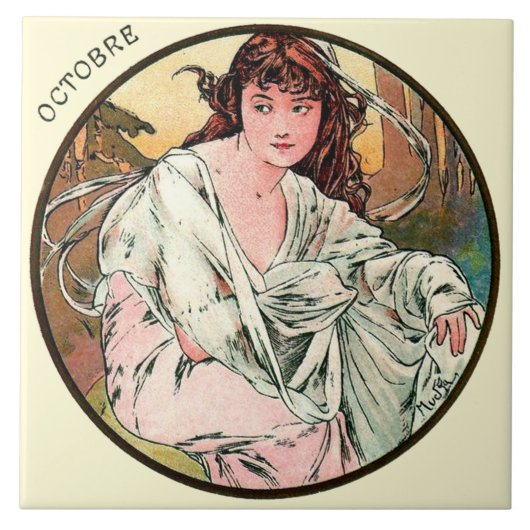 Art Nouveau Mucha Agenda oktober Tegeltje (Voorkant)