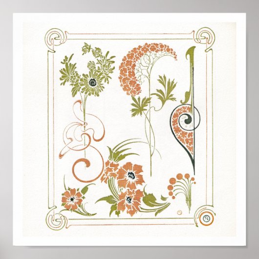 Art nouveau Mucha bloemig abstract kunst perzik gr Poster (Voorkant)
