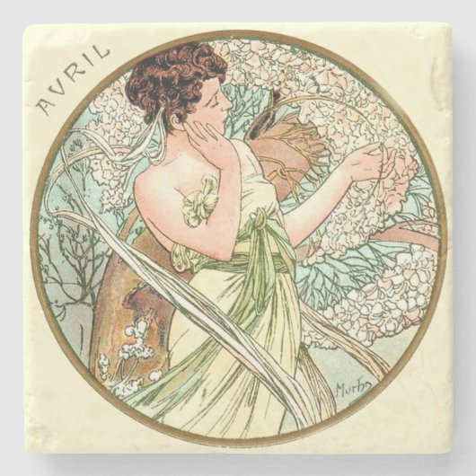 Art Nouveau Mucha Calendar April Stenen Onderzetter (Voorkant)