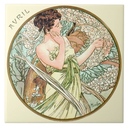 Art Nouveau Mucha Calendar April Tegeltje (Voorkant)