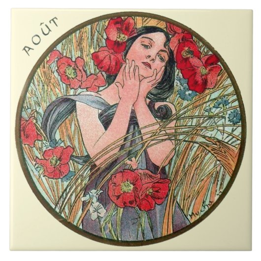 Art Nouveau Mucha Calendar August Tegeltje (Voorkant)