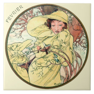 Art Nouveau Mucha Calendar Februari Tegeltje