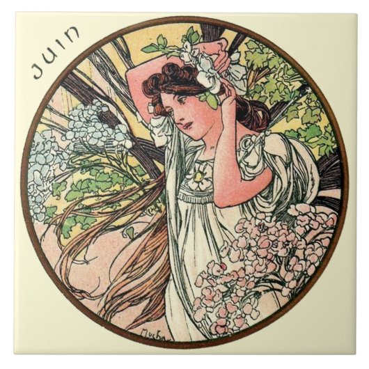 Art Nouveau Mucha Calendar June Tegeltje (Voorkant)
