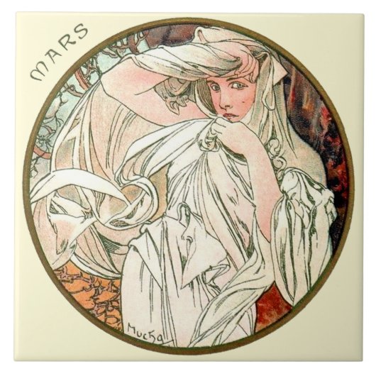 Art Nouveau Mucha Calendar March Tegeltje (Voorkant)