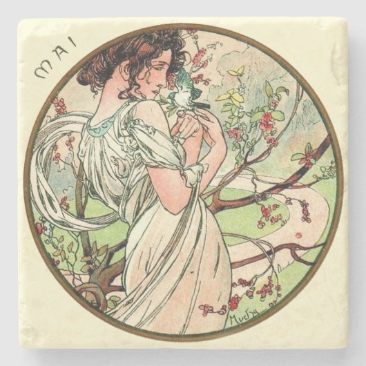 Art Nouveau Mucha Calendar May Stenen Onderzetter (Voorkant)
