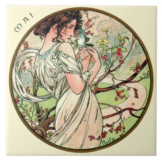 Art Nouveau Mucha Calendar May Tegeltje (Voorkant)