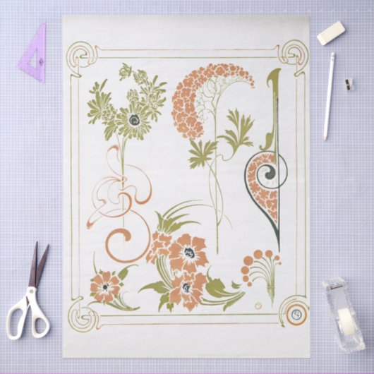 Art nouveau Mucha floral abstract art peach green Tissuepapier (Craft)