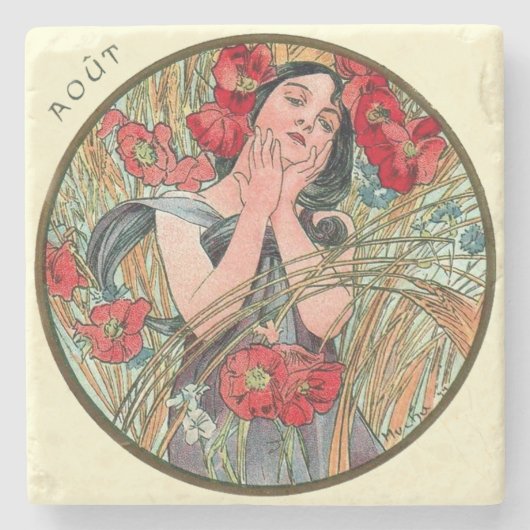 Art Nouveau Mucha Kalender Augustus Stenen Onderzetter (Voorkant)