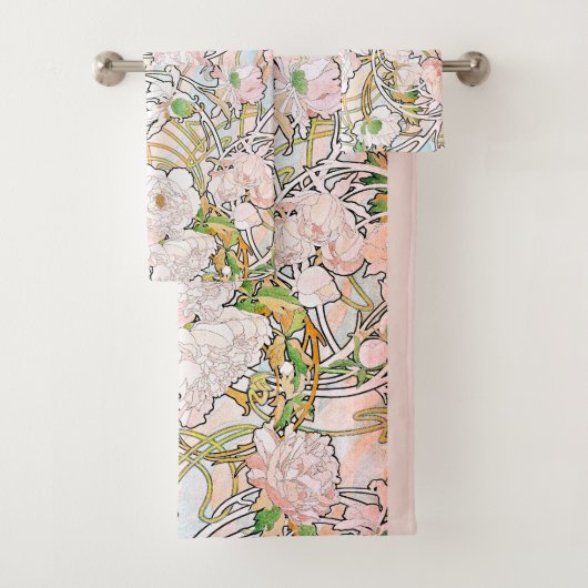 Art Nouveau Mucha Peony Flowers Bath Towel Set Bad Handdoek (Insitu)
