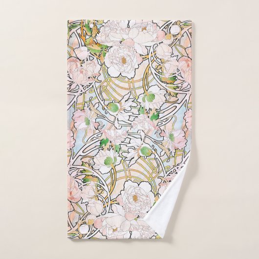 Art Nouveau Mucha Peony Flowers Bath Towel Set Bad Handdoek (Handdoek)