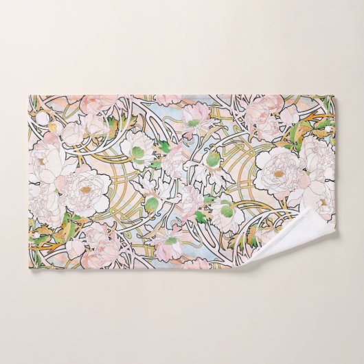 Art Nouveau Mucha Peony Flowers Bath Towel Set Bad Handdoek (Handdoek)
