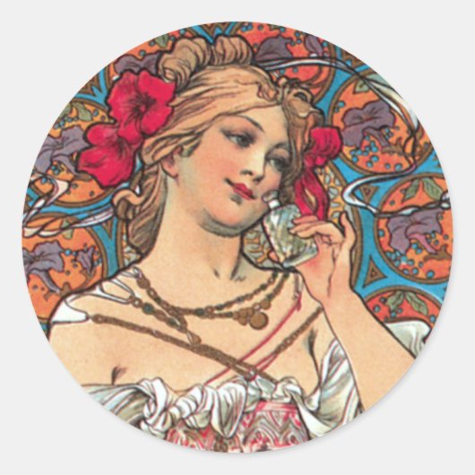 Art Nouveau - Mucha - Perfume Ad Ronde Sticker (Voorkant)
