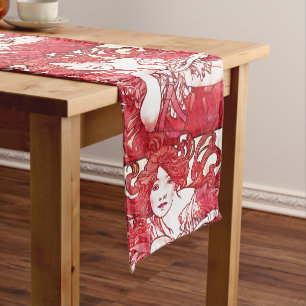 Art Nouveau Mucha Red Lady Bicycle Table Runner Lange Tafelloper