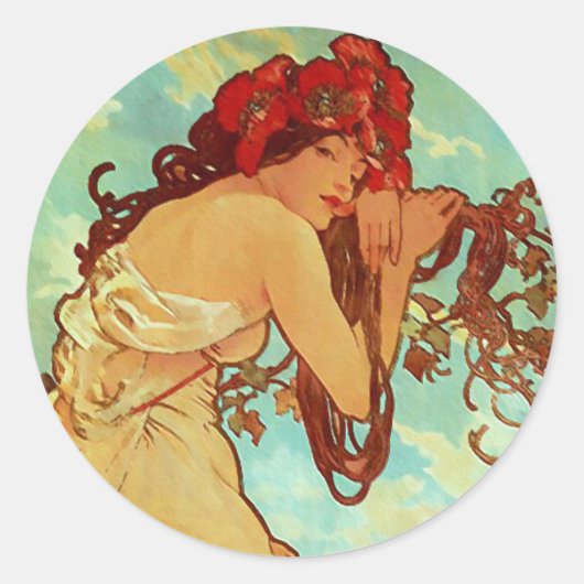 Art Nouveau - Mucha - Summer Ronde Sticker (Voorkant)
