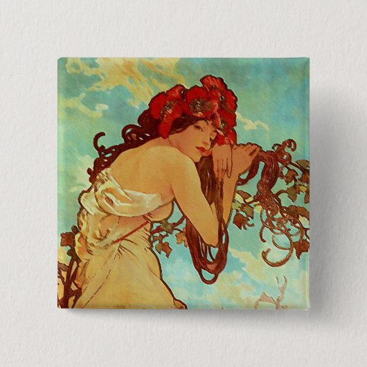 Art Nouveau - Mucha - Summer Vierkante Button 5,1 Cm (Voorkant)