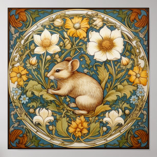 Art nouveau muis en bloemen poster