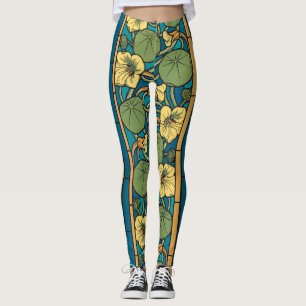 Art Nouveau Nasturtium Blauw Goud bloemig Verneuil Leggings