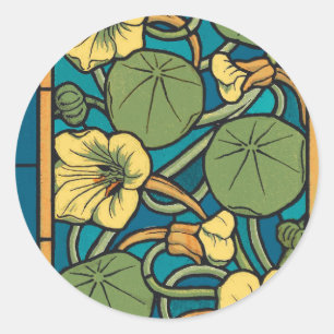 Art Nouveau Nasturtium Blauw Goud bloemig Verneuil Ronde Sticker