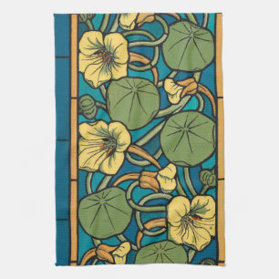 Art Nouveau Nasturtium Blauw Goud bloemig Verneuil Theedoek
