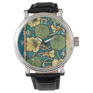 Art Nouveau Nasturtium Blauwe Gouden bloem Verneui Horloge