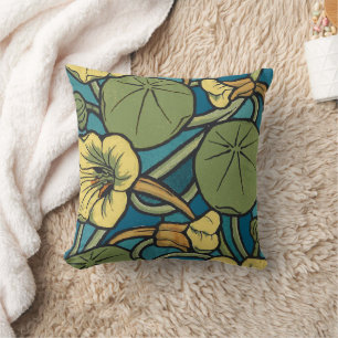 Art Nouveau Nasturtium Blauwe Gouden bloem Verneui Kussen