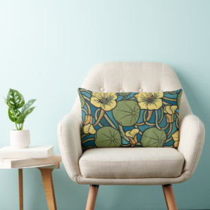 Art Nouveau Nasturtium Blauwe Gouden bloem Verneui Kussen