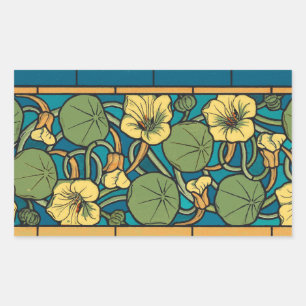 Art Nouveau Nasturtium Blauwe Gouden bloemige Vern Rechthoekige Sticker
