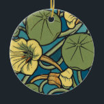 Art Nouveau Nasturtium Blue Gold floral Verneuil  Keramisch Ornament<br><div class="desc">Infuse your home with the rhythmic energy of the Belle Époque with this stunning Art Nouveau nasturtium pattern. Inspired by the legendary French artist Maurice Pillard Verneuil, this design captures the brilliant yellow blooms and iconic lily-pad-shaped leaves of the nasturtium in a bold, structured layout. The striking contrast between the...</div>