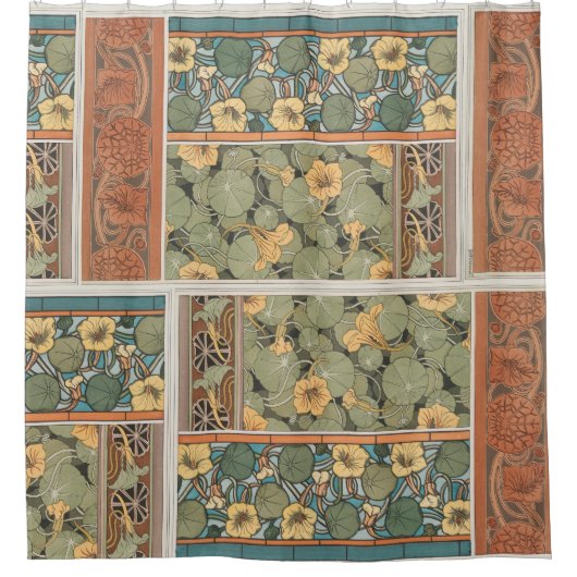 Art Nouveau Nasturtium Flowers Floral Decoration Douchegordijn (Voorkant)