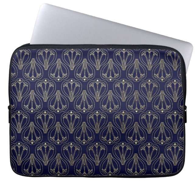 Art Nouveau Navy Blue en Gold Laptop Sleeve (Voorkant)