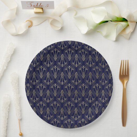 Art Nouveau Navy Blue en Gold Papieren Bordje (Huwelijk)