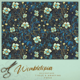 Art Nouveau Navy en Blauwgroen Bloemen Decoupage Tissuepapier