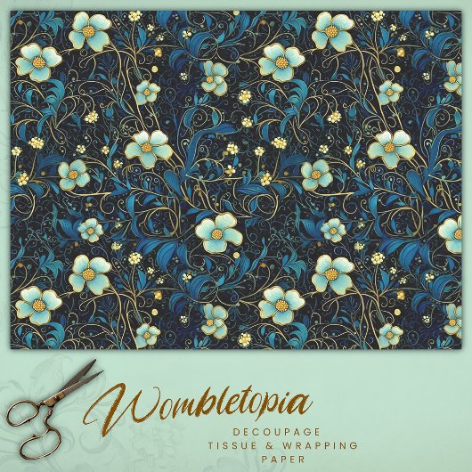  Art Nouveau Navy en Blauwgroen Bloemen Decoupage Tissuepapier