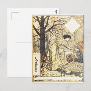 Art Nouveau november herfsttuin vrouw uit vroeger Briefkaart