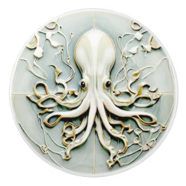 Art Nouveau Octopus Faux Relief Gold & Mint Pastel Keramische Knop