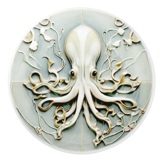 Art Nouveau Octopus Faux Relief Gold & Mint Pastel Keramische Knop (Voorkant)