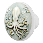 Art Nouveau Octopus Faux Relief Gold & Mint Pastel Keramische Knop (Rechts)