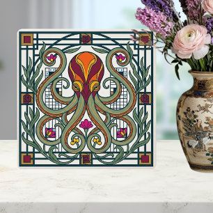 Art Nouveau Octopus Oranje Bourgondië Groen Bloeme Tegeltje