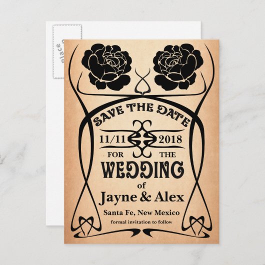 Art Nouveau Old West Roos Wedding Save the Date Aankondigingskaart (Voorkant / Achterkant)