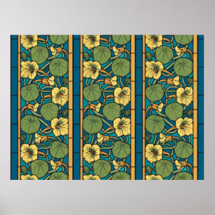 Art Nouveau Oostindische Kers Blauw Goud bloemig V Poster