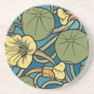 Art Nouveau Oostindische Kers Blauw Goud bloemig V Zandsteen Onderzetter